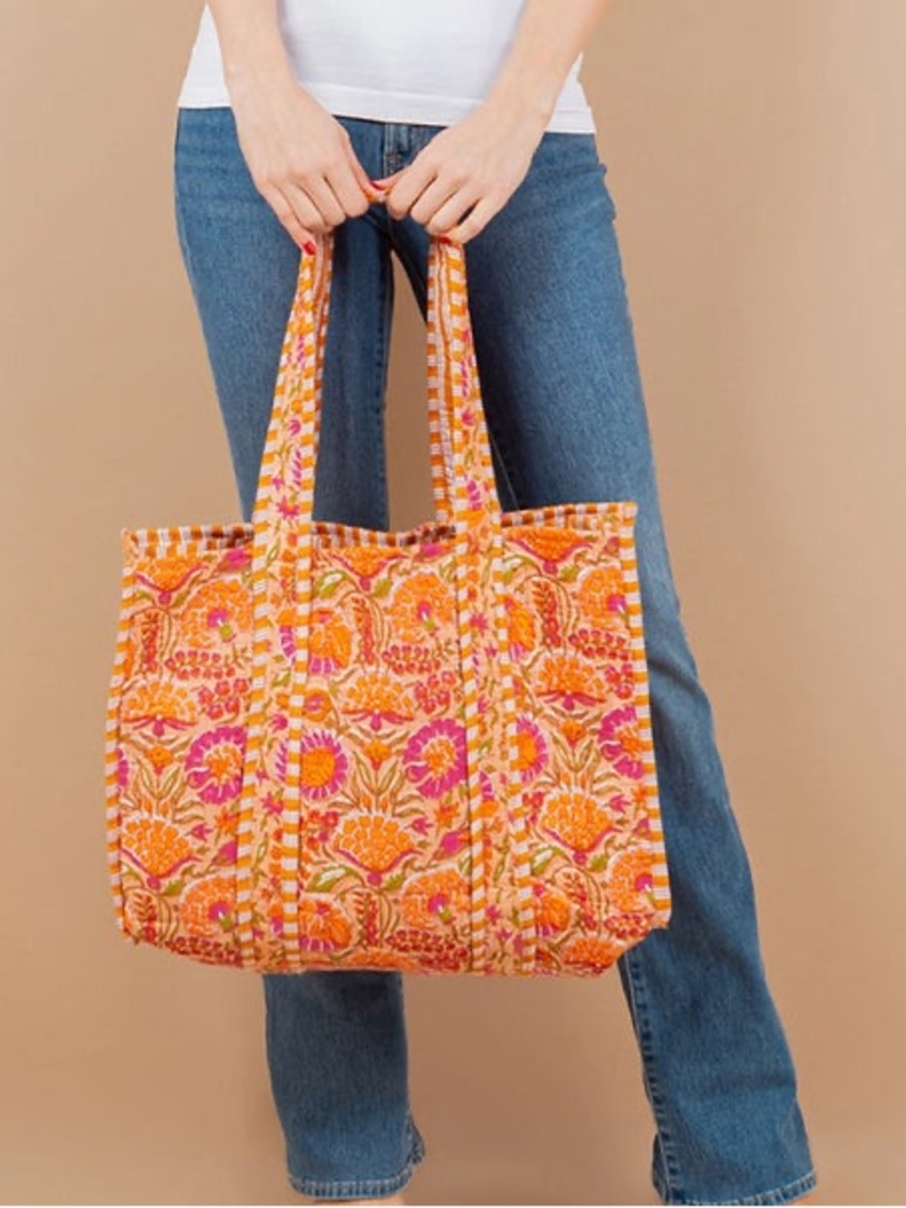 Handmade Quilted Floral Tote Bag in Orange and Pink